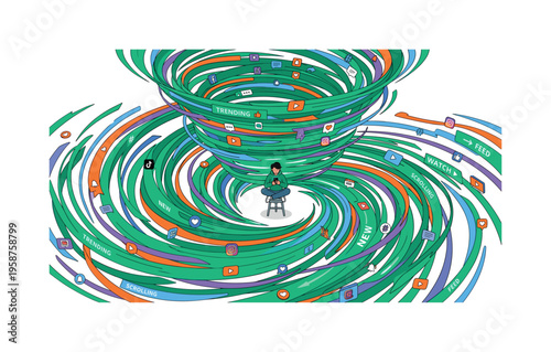 Young person engrossed in smartphone amidst swirling social media content vortex