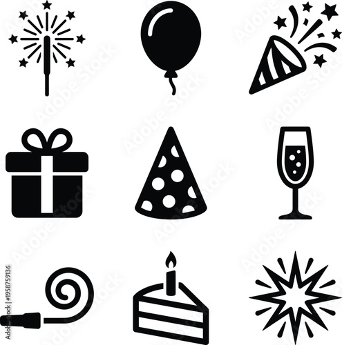 A comprehensive set of festive black silhouette icons featuring party essentials like fireworks, balloons, cake, and celebration accessories.
