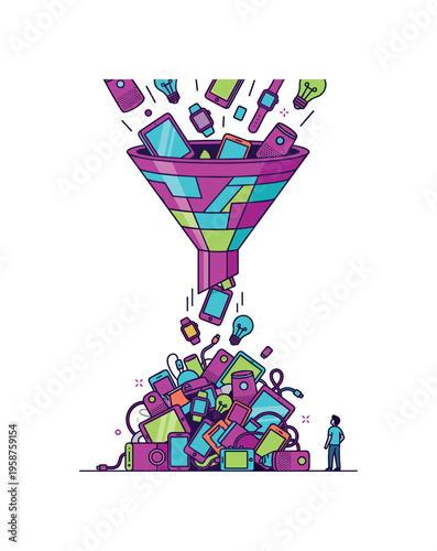 Consumer electronics funneling into a large pile with a person observing