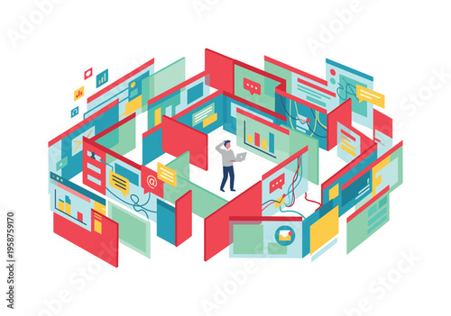 Man lost in digital maze with laptop, overwhelmed by information overload