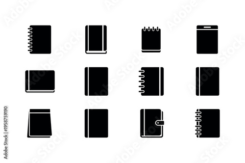 Collection of black notebook and journal icons in various styles and formats