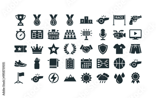 Collection of sports and competition icons representing achievement and events