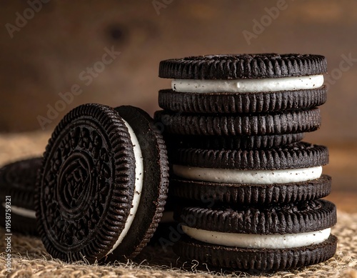 Stack of dark sandwich cookies with white creamy filling on burlap against wood backdrop