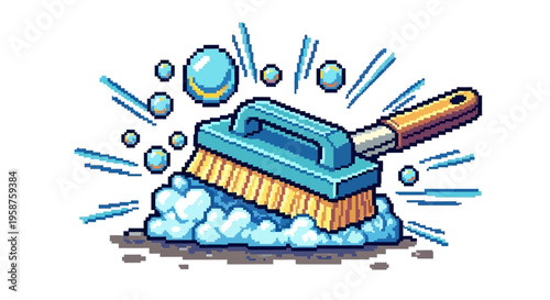 A cleaning brush with bristles and a handle submerged in soap suds and bubbles.