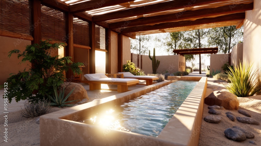 Fototapeta premium Serene Desert Spa Pavilion with Long Rectangular Water Feature and Tranquil Surroundings
