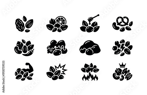 Variety of nut and snack icons for health and wellness