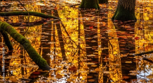 Serene Autumn Forest Reflection with Fallen Leaves and Tranquil Water Overlay