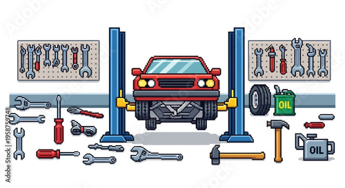 Car on a lift with tools in a workshop.