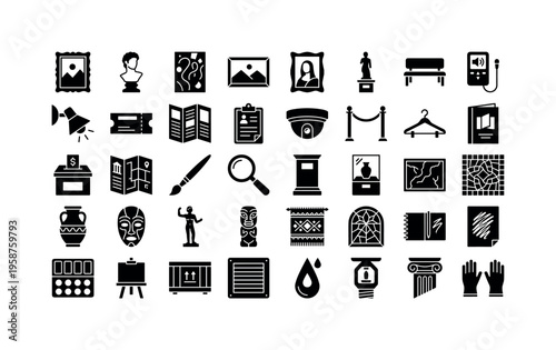 Collection of museum and art icons representing exhibits and visitor experiences