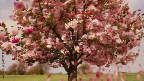 Cherry blossom tree with pink and white flowers blooming in green field during spring, petals gently falling under cloudy sky creating peaceful and vibrant floral nature atmosphere