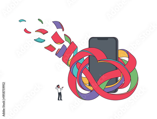 Smartphone entangled in colorful ribbons, a person looks on confused