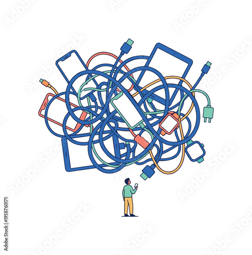 Overwhelmed by tangled electronic cables and devices, a person holds a smartphone
