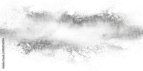 An abstract black ink splat creates a vintage grunge texture on a dirty gray paper backdrop with a weathered border frame and hand-drawn line art design