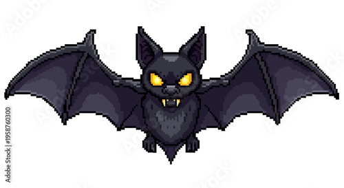Cute Cartoon Bat Flying with Open Wings and Sharp Teeth.