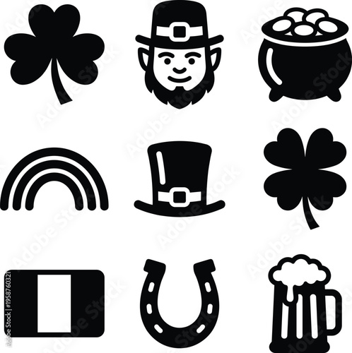 St. Patrick's Day Irish Festival Silhouette Icon Set Featuring Leprechaun and Lucky Shamrock Symbols