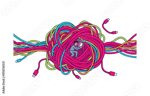 Man trapped in tangled colorful cables, overwhelmed by digital communication