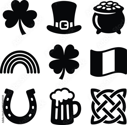 St. Patrick's Day Traditional Irish Culture Silhouette Icon Set Featuring Shamrock and Lucky Symbols