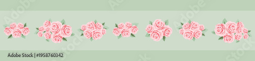 Vintage Pink Rose Border Seamless Pattern on Soft Sage Green Stripe Background, Elegant Botanical Floral Ribbon Design for Wedding Stationery Packaging Textile Trim and Romantic Decor