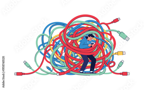 Man overwhelmed by tangled charging cables while holding a smartphone