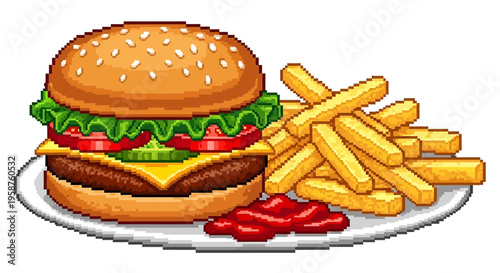 Delicious Burger and Crispy French Fries Meal.