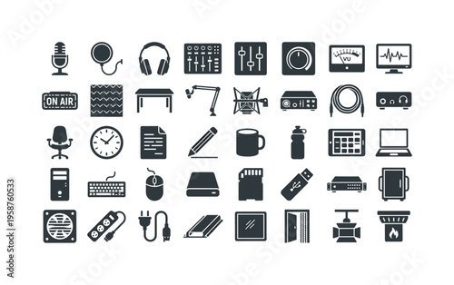 Collection of audio and broadcast equipment icons for studio setup