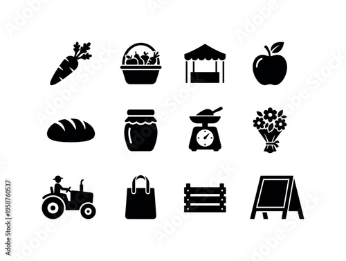 Collection of farm and market icons representing fresh produce and rural life