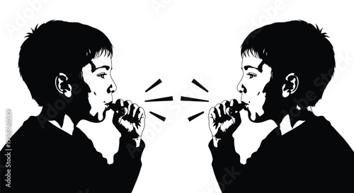 Two young boys are positioned facing each other in profile, loudly communicating through cupped hands, symbolizing intense dialogue or competitive shouting.