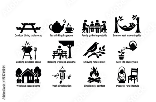 Collection of icons depicting peaceful outdoor activities and rural life scenes