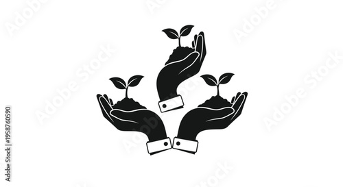 Three manicured hands clad in dress shirt cuffs gently cradle small mounds of fertile earth, each containing a single sprouting seedling for ecological growth.