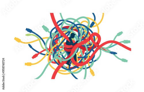 Man entangled in colorful cables while using a smartphone, symbolizing digital overload