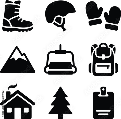 A professional collection of winter sports and mountain resort silhouette icons featuring a ski boot, helmet, chairlift, and cozy cabin.