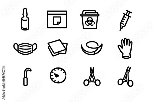 A collection of twelve minimalist black line icons representing