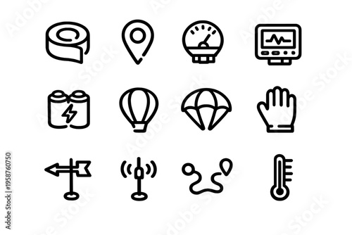 Set of twelve minimalist black line icons depicting various travel