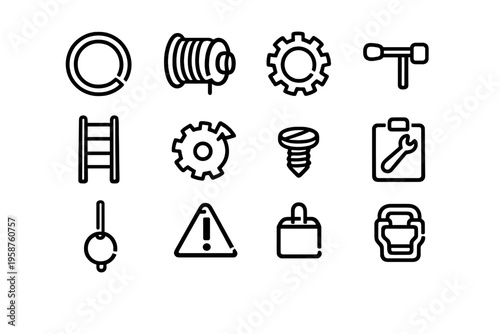 A collection of twelve minimalist black line icons representing