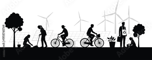 Sustainable lifestyle silhouette with people cycling planting trees recycling and renewable energy wind turbines and solar panels