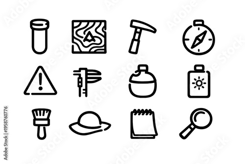 A set of twelve minimalist line art icons representing geology and