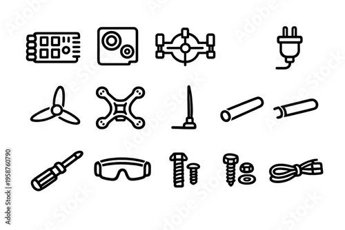 A collection of minimalist line art icons featuring drone components