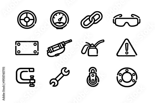 A collection of twelve industrial and mechanical line icons featuring