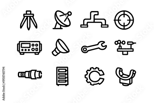 A collection of twelve minimalist black and white line icons