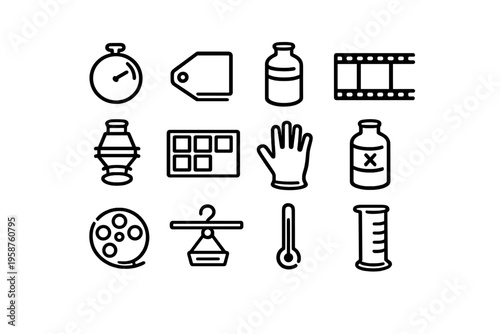 A collection of twelve black line icons representing traditional film