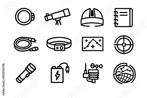 A set of 12 black and white line icons representing astronomy