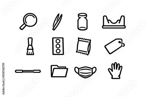 A set of twelve minimalist black and white line icons depicting