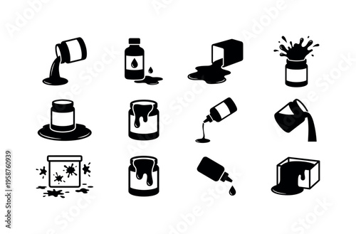Collection of black and white icons depicting various paint pouring and spilling scenarios