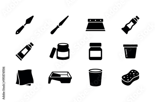 Collection of black and white icons representing various painting and art supplies
