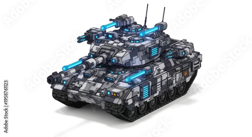 Futuristic Military Tank with Glowing Blue Lights.