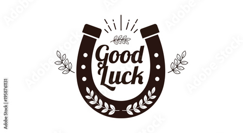 Dark brown horseshoe emblem featuring stylized text proclaiming good luck surrounded by small decorative laurel branches and bright light rays.