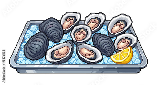 Fresh Oysters on Ice with Lemon Slice.