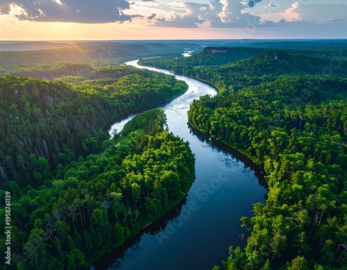 Serpentine river winds through a lush, green forest landscape at sunset aerial view
