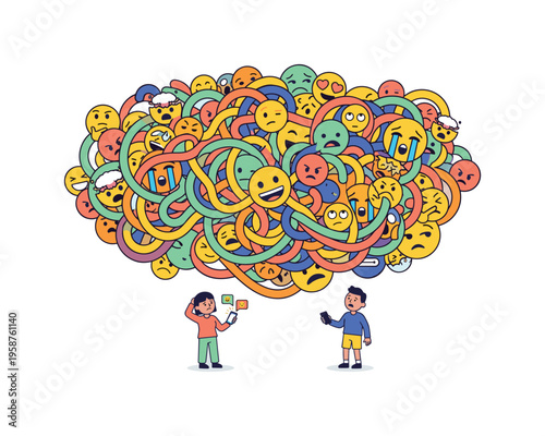 Overwhelmed by a chaotic cloud of diverse emoji faces and digital communication