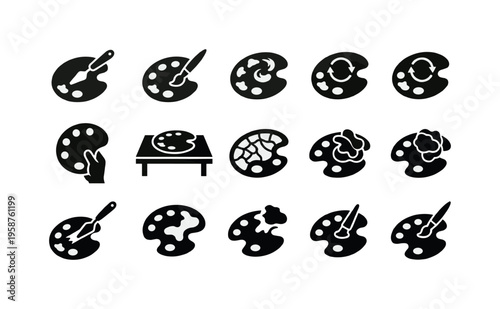 Collection of artistic paint palettes and tools, diverse creative icons